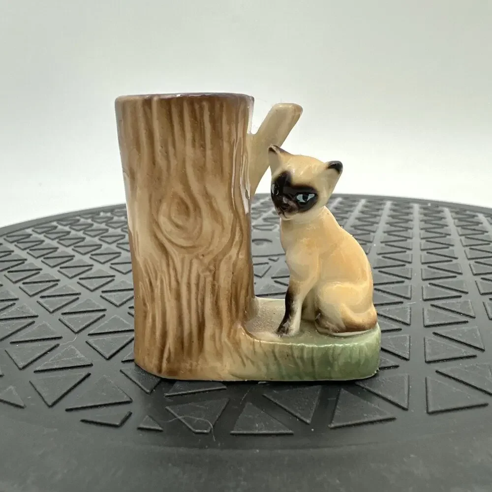 Vintage Siamese Cat On Tree Trunk Toothpick Holder